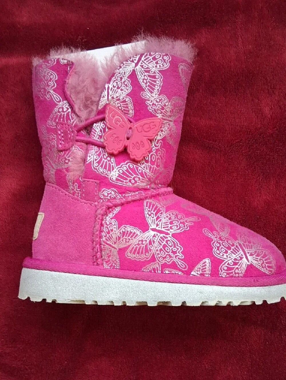New Girls UGG Pink T Bailey Button Butterfly Boots 8